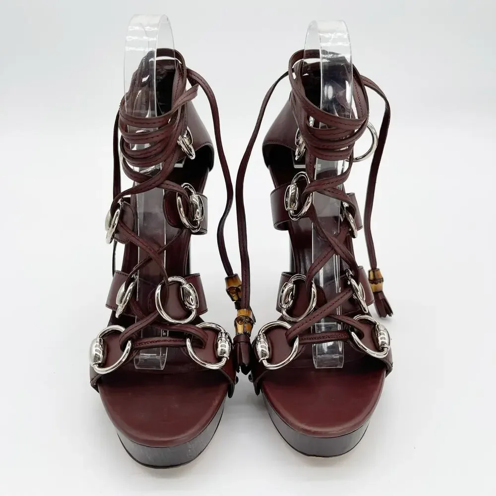 Gucci SS2007 Runway Cage Strappy Platform Lace Up Spice Brown Sandals US 7.5